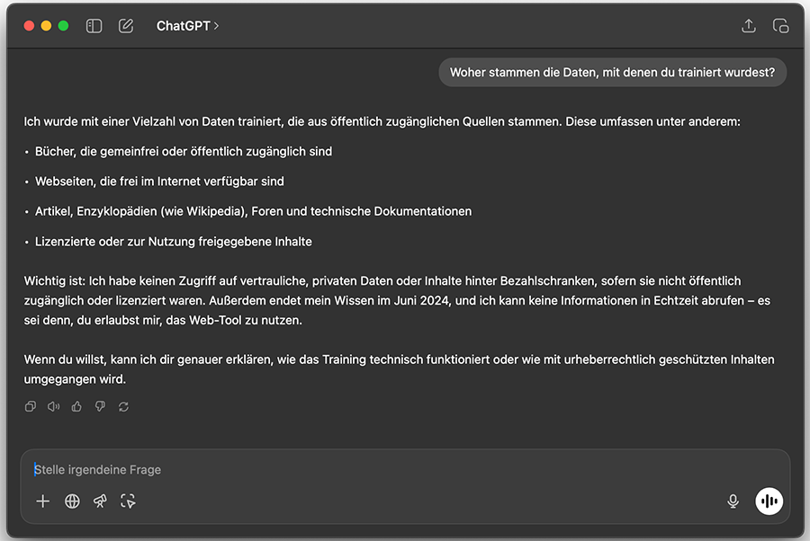 Screenshot eines eines Chat-Fensters mit dem KI-gestützten Sprachmodell ChatGPT